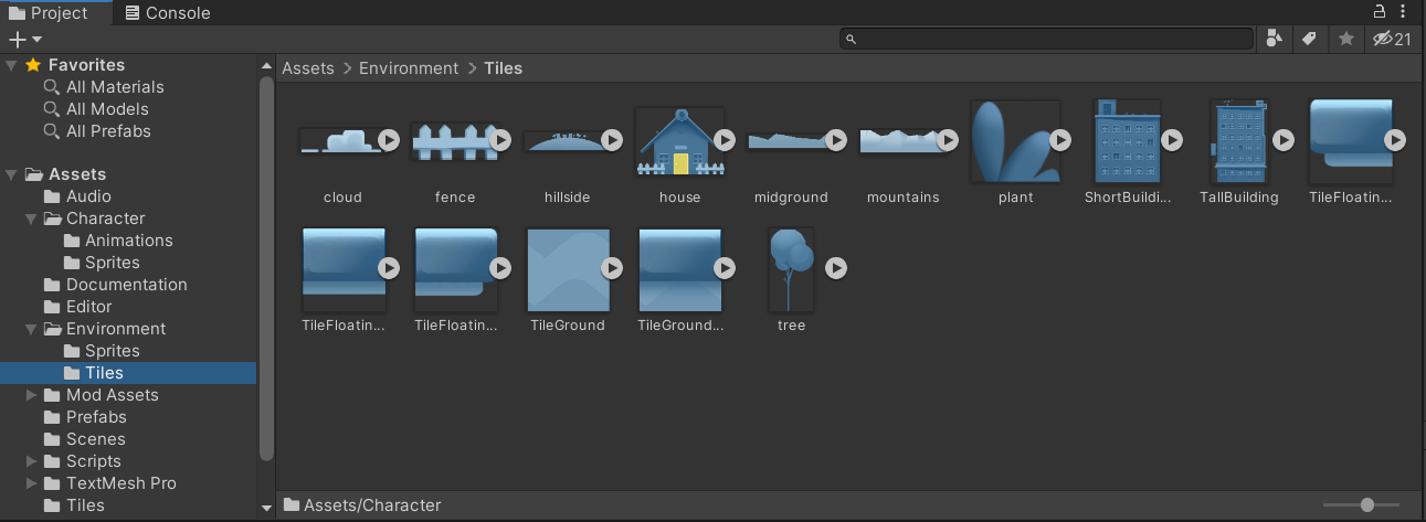 Unity Asset view showing visual assets in a game project