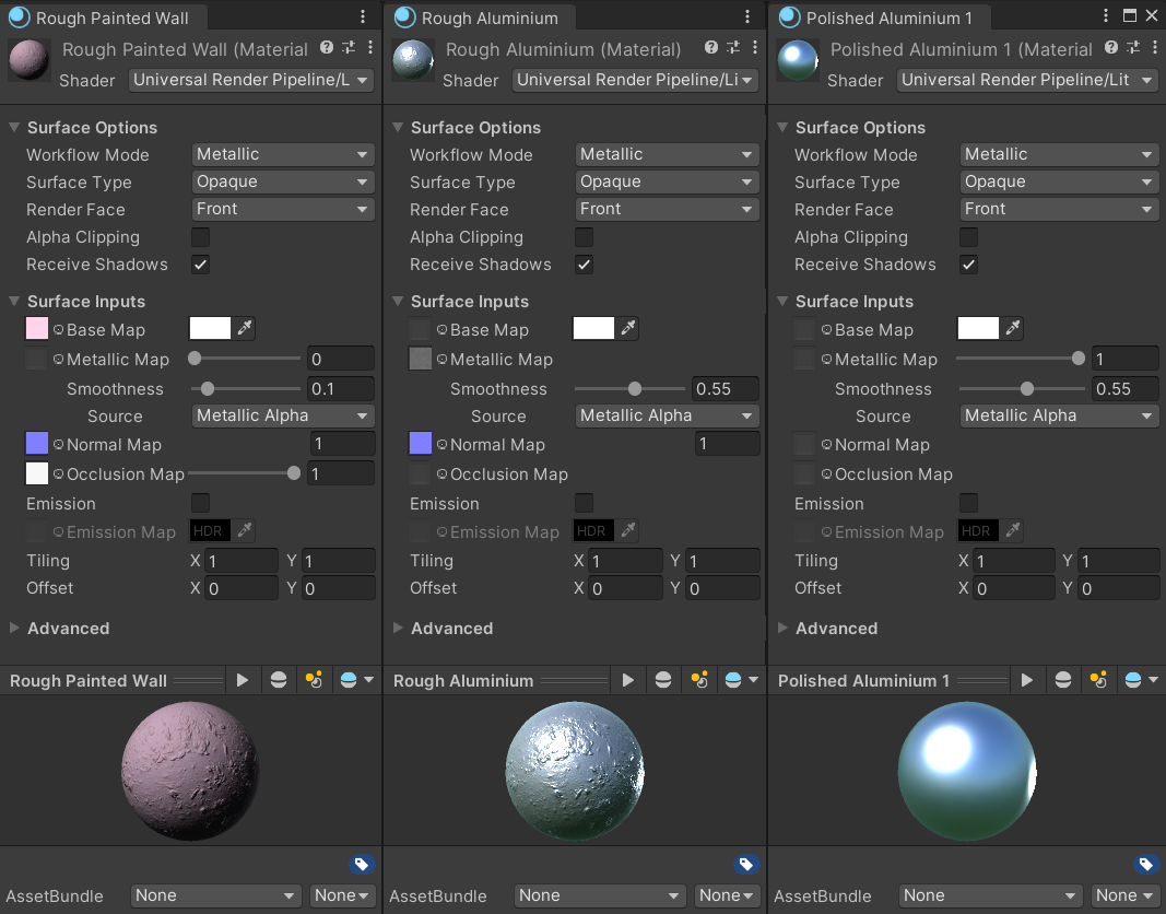 Three simple materials using the same Shader, and some of the same textures, to achieve very different looks.