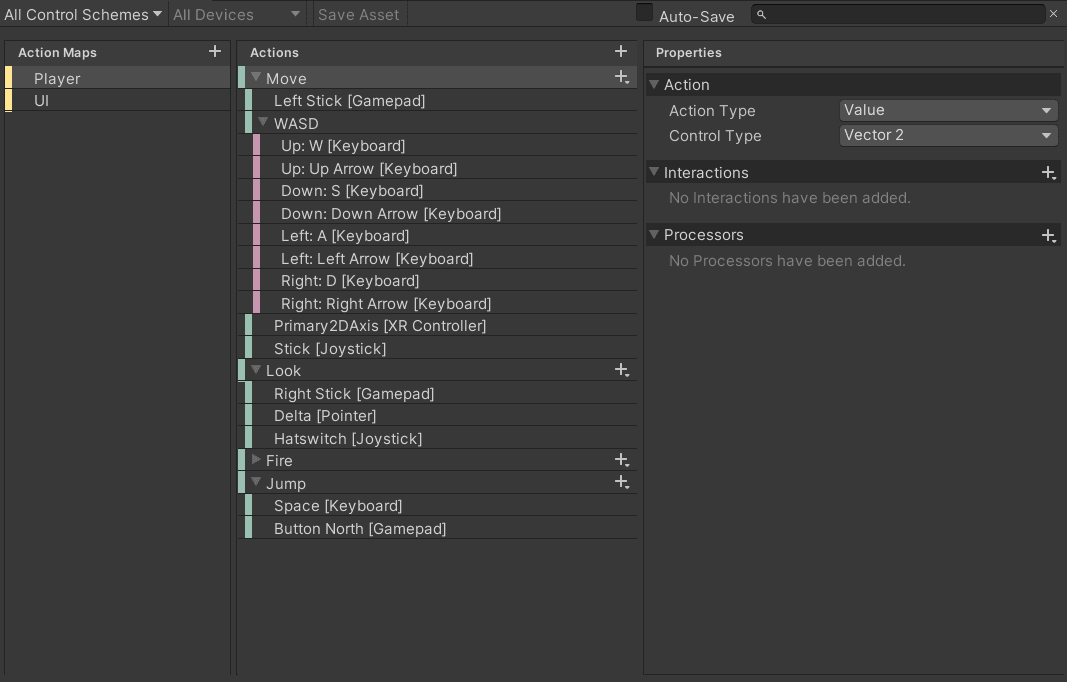 A populated Input Action Asset. Shows two "Action Maps" for Player and UI. The Player map is selected, with definitions for Move, Look, Fire, and Jump actions.