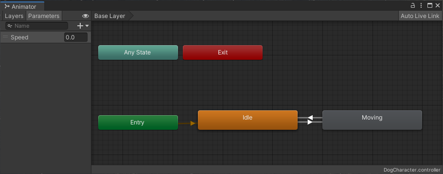 A simple Animator Controller including an idle state and a moving blend tree.
