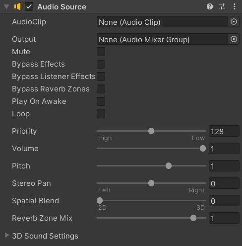 An Audio Source component allows the user to set a clip, and many other properties.