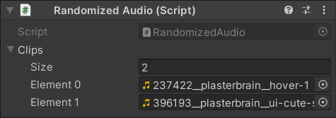 RandomizedAudio as it appears in the inspector, with two clips set.