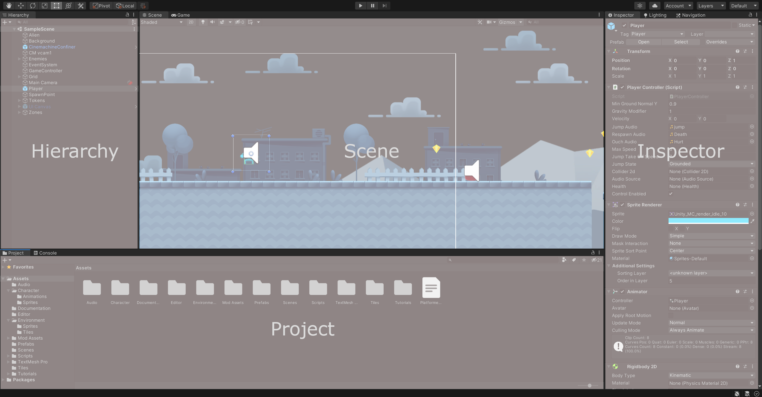 A labeled screenshot of the standard Unity layout, showing all major windows we will be discussing below.