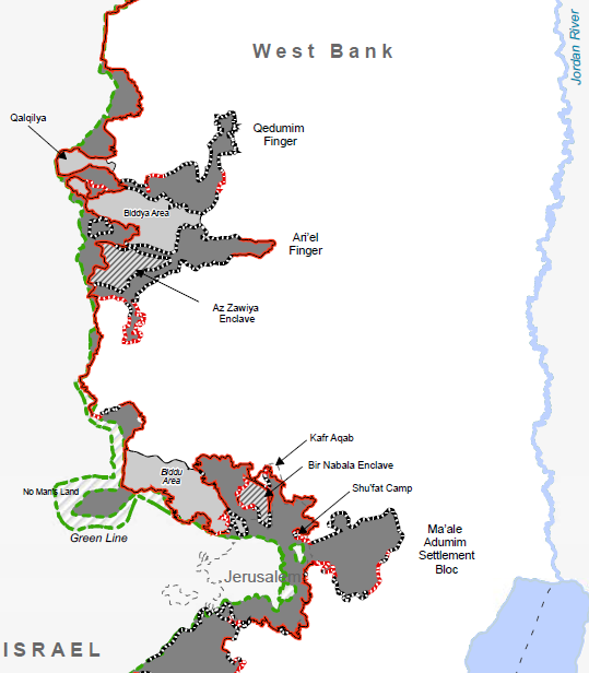 Map of the separation wall showing annexed Palestinian land in the West Bank.